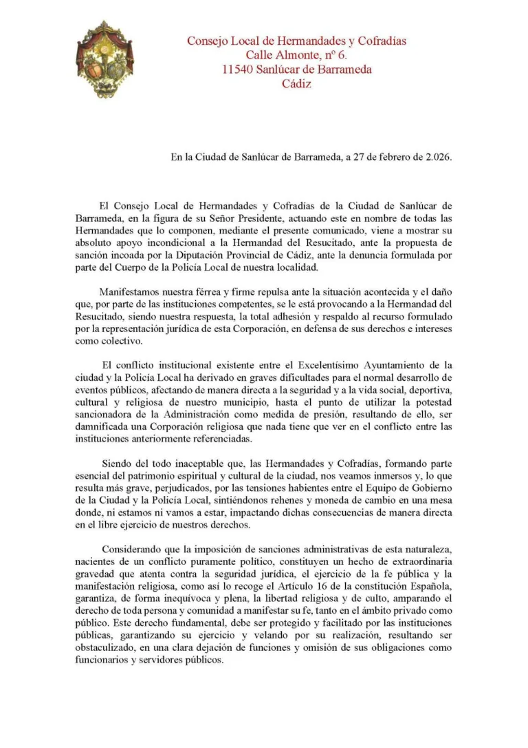 Comunicado del Consejo Local de Hermandades y Cofradías